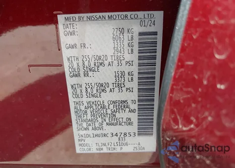 2024 Infiniti Qx60 Autograph Awd z USA, uszkodzony, nr VIN 5N1DL1HU3RC347853